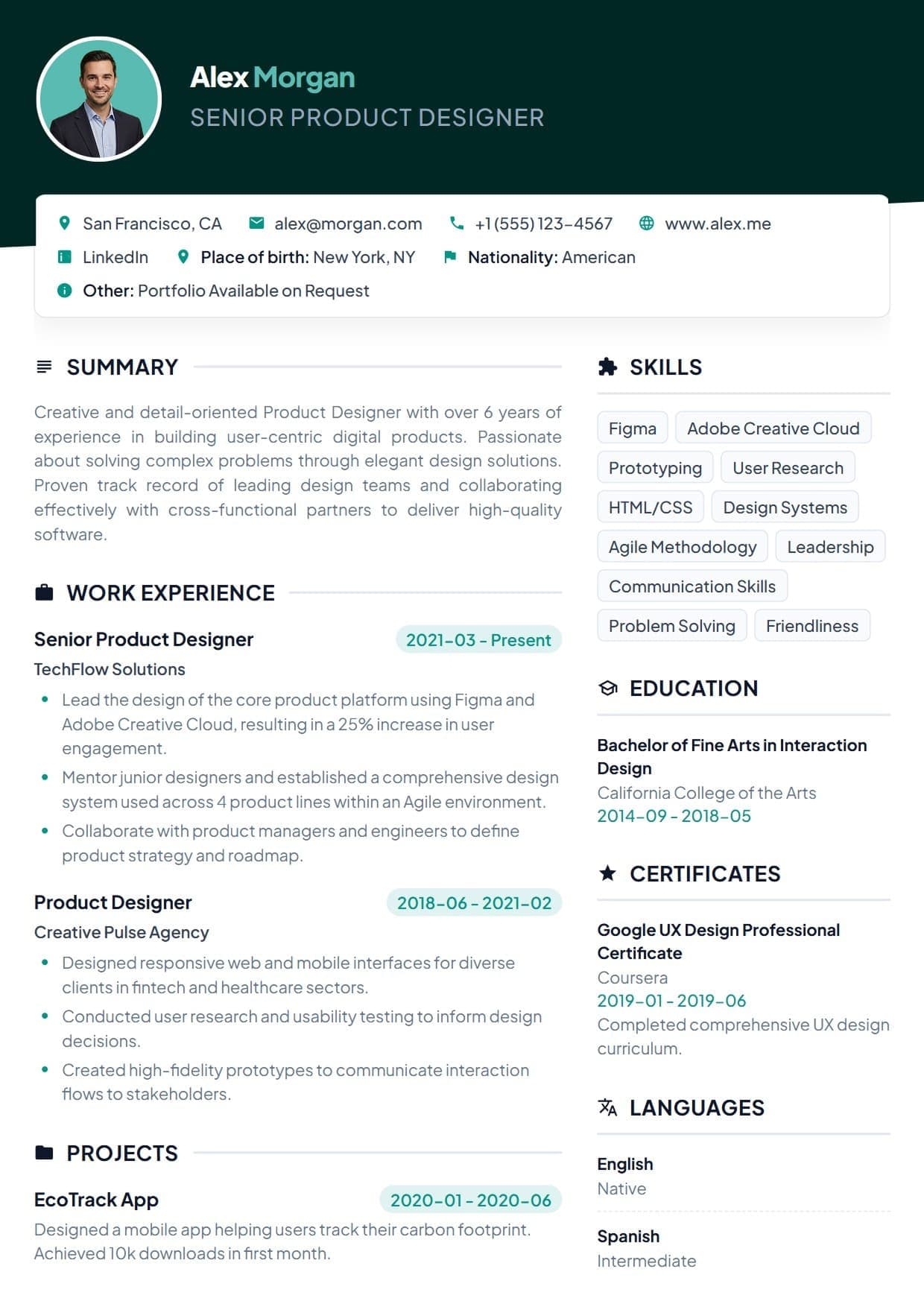 Clean resume template Clean resume template — A highly organized and visually crisp design featuring a striking dark header and an innovative floating contact box. Perfect for presenting detailed information with maximum clarity and professional style.