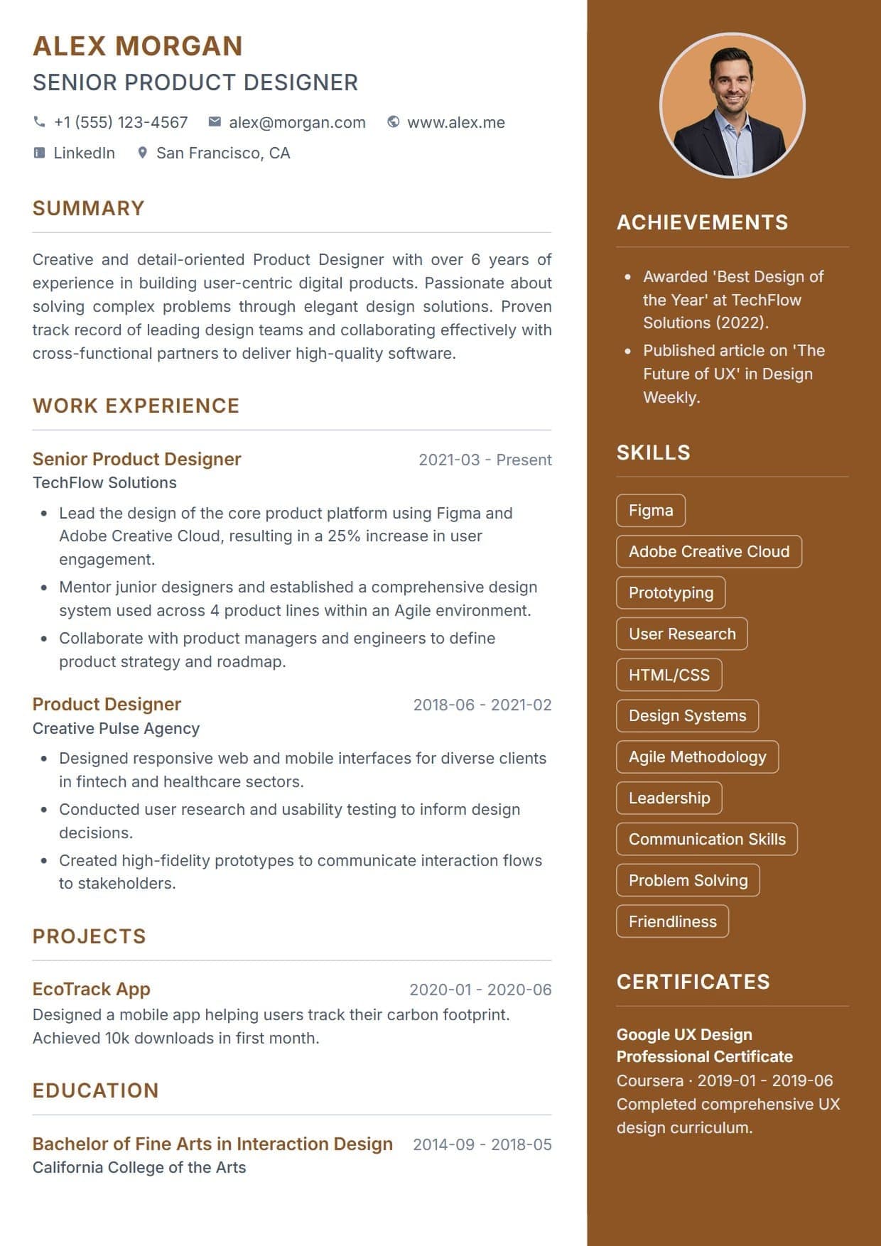 Elegant resume template Elegant resume template — A warm and sophisticated design featuring a prominent, right-aligned color sidebar. This layout effortlessly balances a clean, traditional main body for your work experience with a vibrant sidebar that brings immediate attention to your skills and achievements.