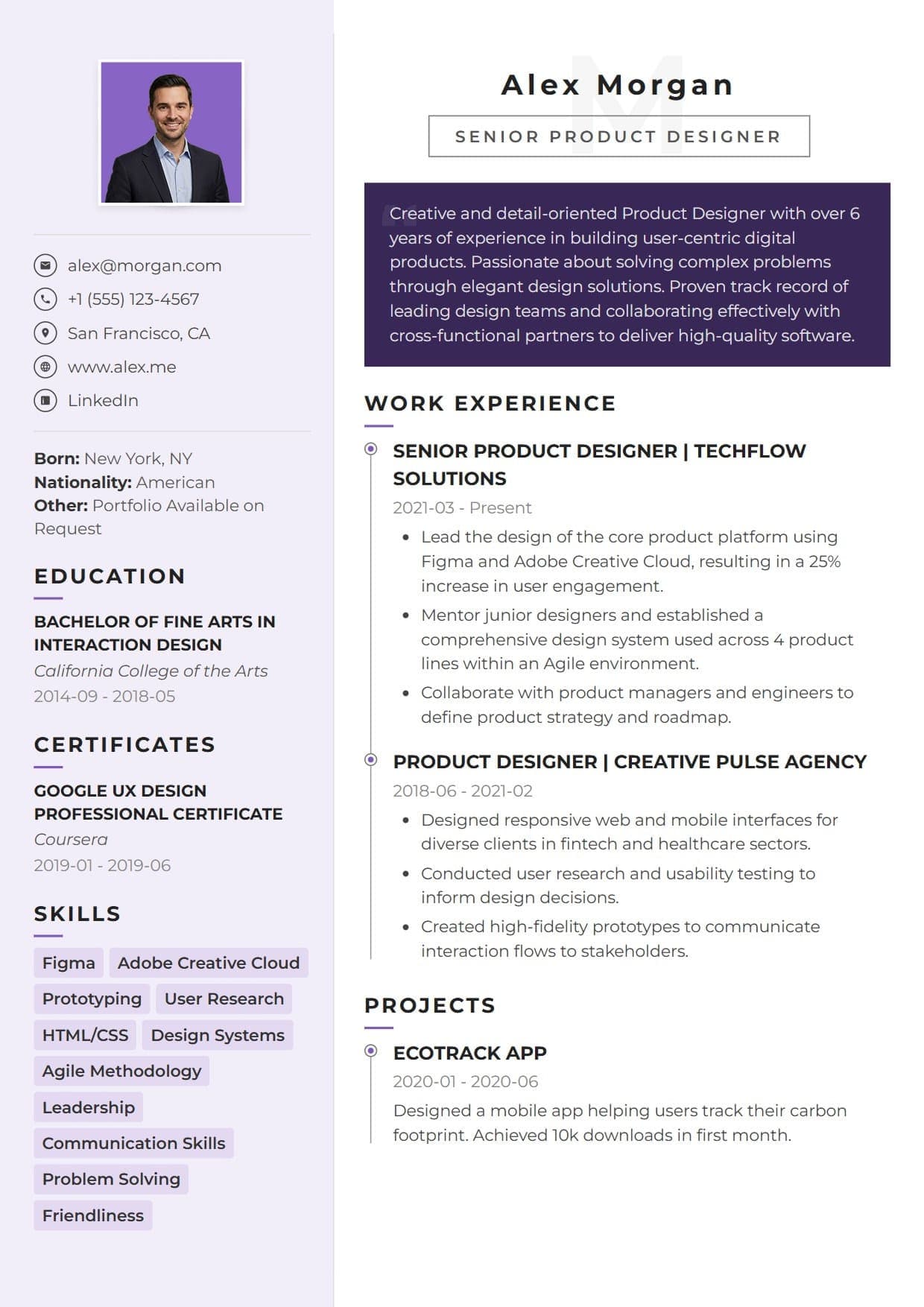 Focus resume template Focus resume template — A visually striking modern design that balances soft pastel tones with a bold, high-contrast summary block. This template utilizes a clear timeline structure and rounded skill tags, making it perfect for creative professionals who want to highlight their experience with a sophisticated touch of color.