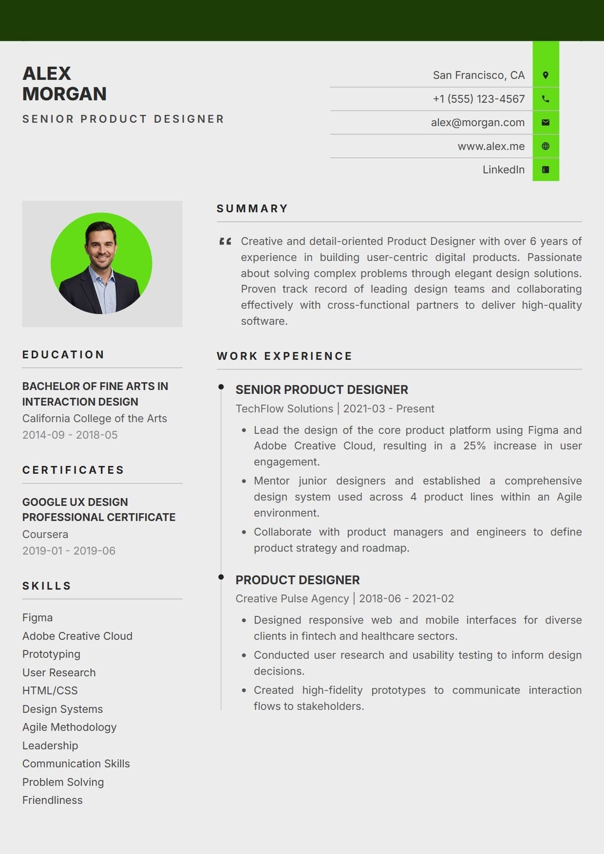 Fresh resume template Fresh resume template — A highly contemporary design that pairs a soft gray canvas with striking, energetic neon accents. This template features a unique top-right contact block and a stylized quotation summary, offering a fresh and dynamic take on the traditional professional resume.