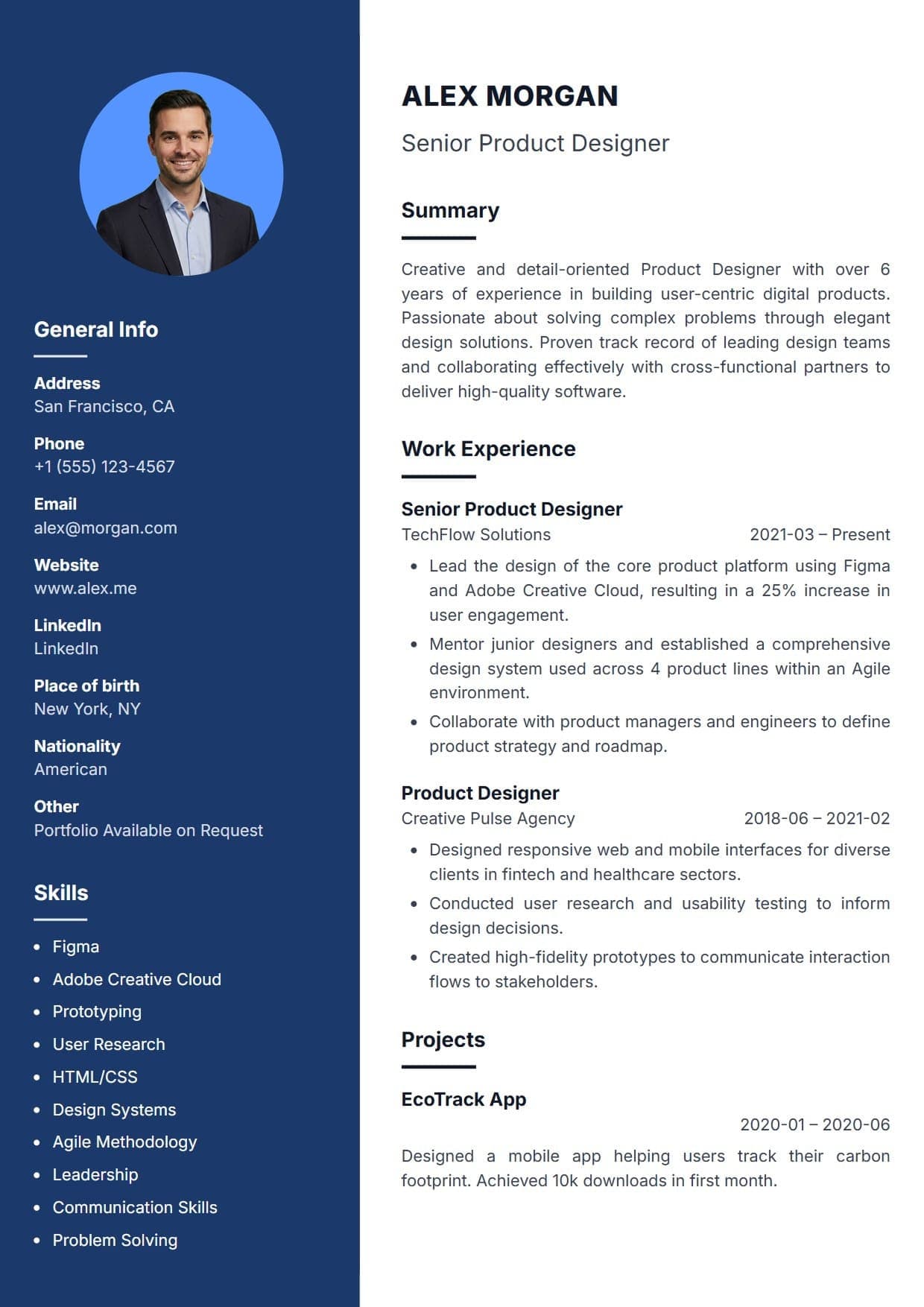 Modern resume template Modern resume template — A striking, full-height sidebar design that creates a strong visual impact. This layout expertly separates your core contact details and skills from your professional experience, offering a clean, highly readable, and contemporary format.