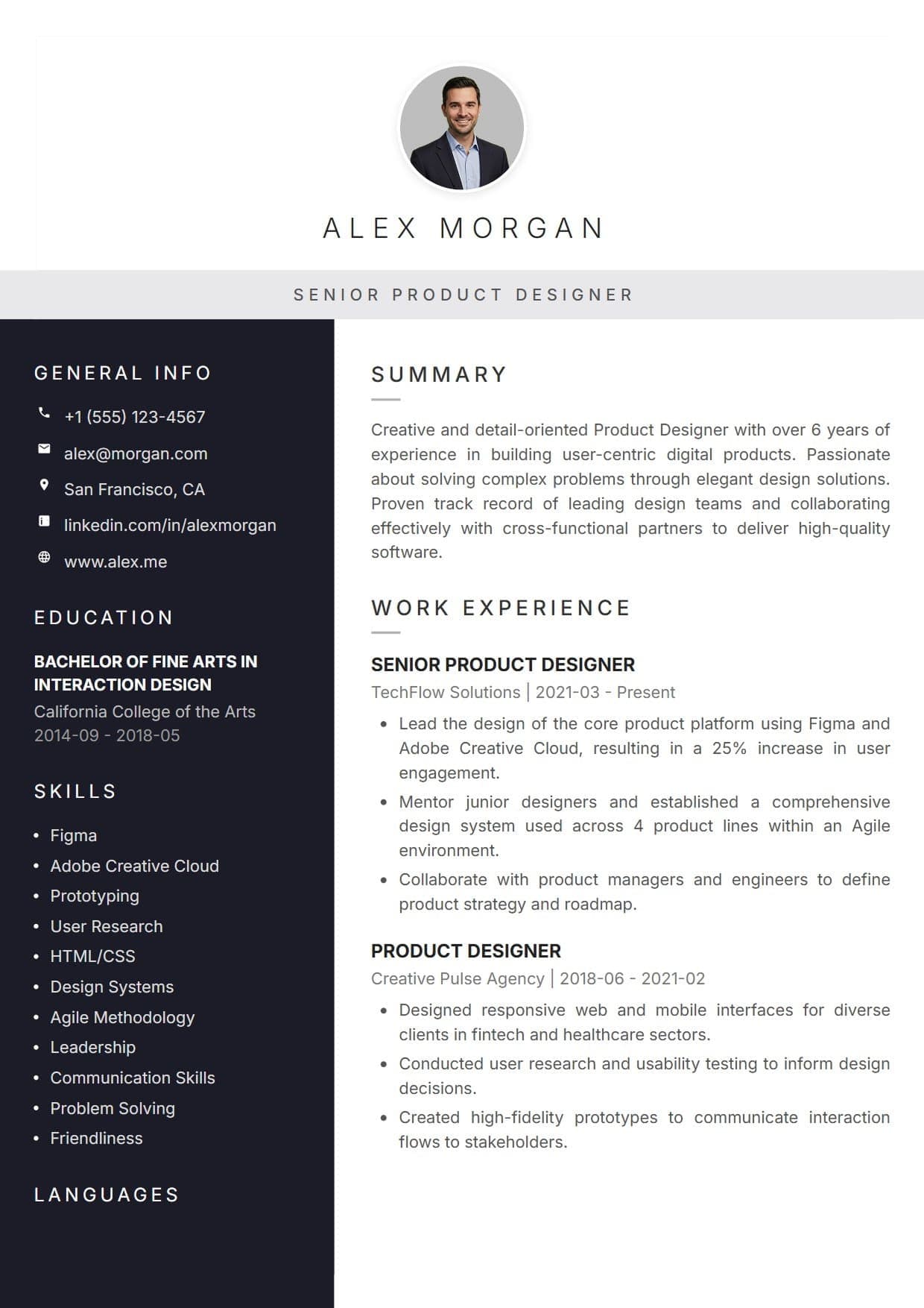 Nexus resume template Nexus resume template — A powerful, high-contrast design that instantly commands attention. Featuring a striking, solid dark sidebar, a prominent centered profile header, and a full-width title banner, this template perfectly balances heavy visual weight with meticulous, easy-to-read organization.