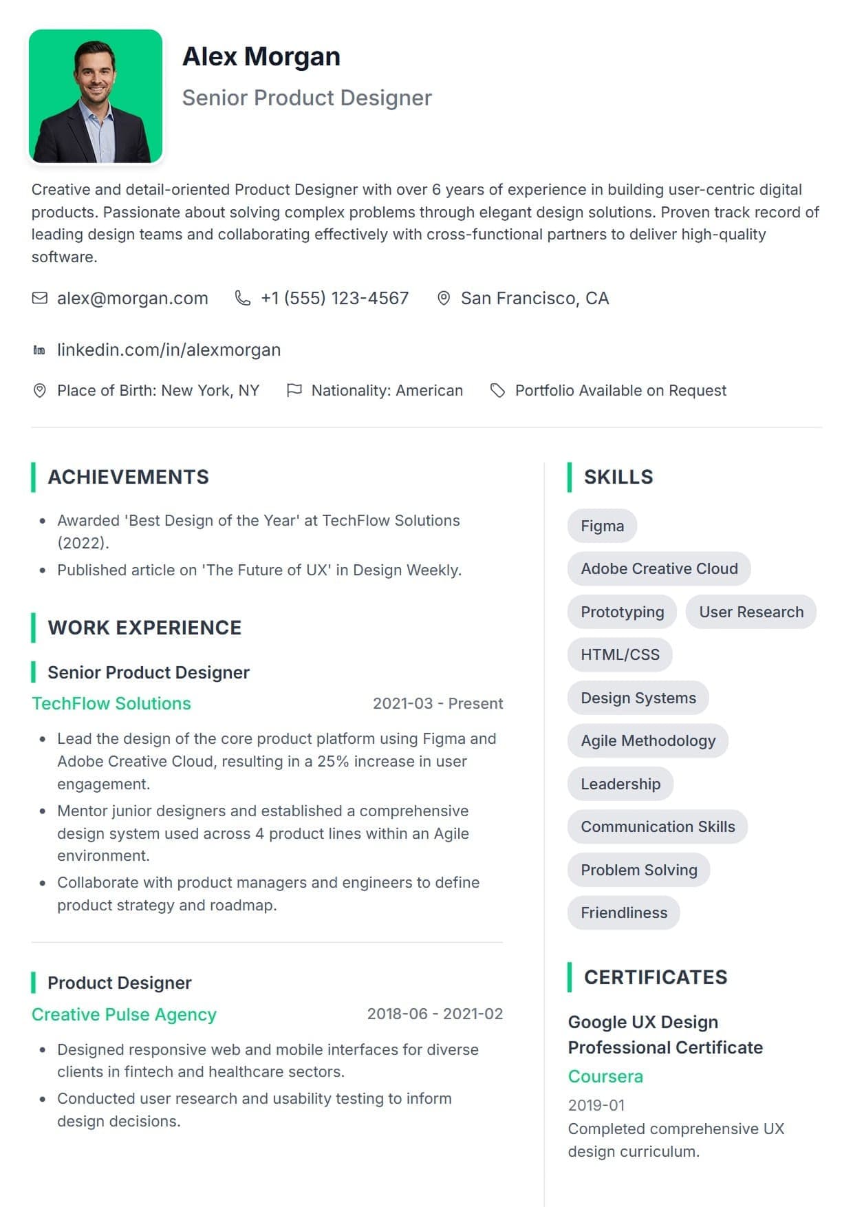 Professional resume template Professional resume template — A sleek, two-column design that perfectly balances a modern aesthetic with professional readability. Features eye-catching skill tags and a well-organized layout to highlight your expertise at a glance.