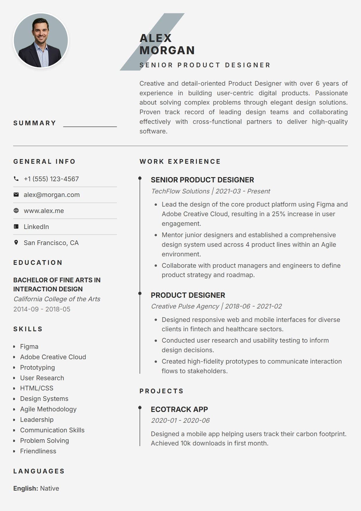 Pure resume template Pure resume template — A clean and highly minimalist design accented by a sharp, dynamic diagonal color splash in the header. This template uses a spacious two-column layout, subtle horizontal dividers, and an elegant timeline structure to present your experience with maximum clarity and a modern edge.