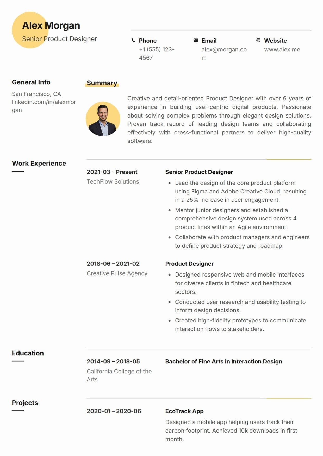 Spark resume template Spark resume template — A highly innovative design featuring a unique offset-column layout. With section headers anchoring the left margin to serve as a visual index, and a striking circular color accent in the header, this template offers a fresh, modern reading experience that instantly captures attention.